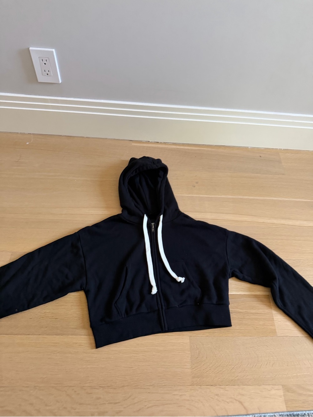KatieJ kids Black Cropped Zip Hoodie with White Drawstrings